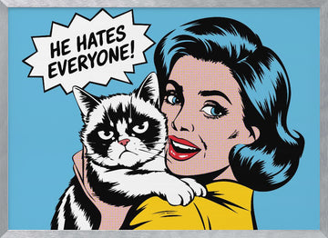 Cheerful Woman Grumpy Pet | Poster - Silver Frame Interior