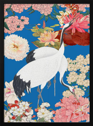 Japanese Cranes Floral Art | Poster - Black Metal Frame Interior