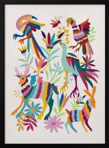 Colorful Folk Art Animals | Poster - Black Metal Frame Interior