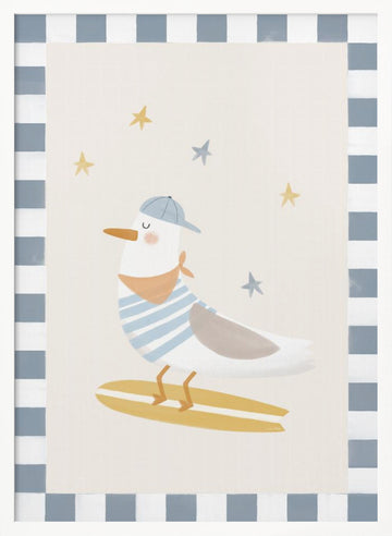 Happy Surfing Seagull | Poster - White Frame Interior