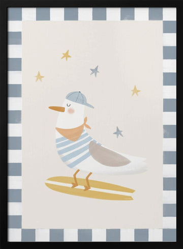 Happy Surfing Seagull | Poster - Black Metal Frame Interior