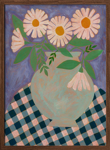 Daisies in Purple Vase | Poster - Walnut Frame Interior