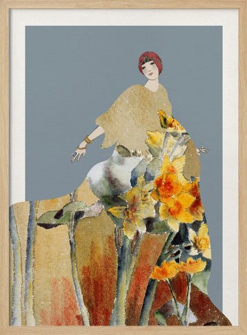 Golden Floral Woman | Poster - Wood Frame Interior