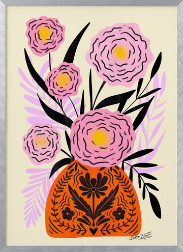 Vibrant Folk Floral Vase | Poster - Silver Frame Interior