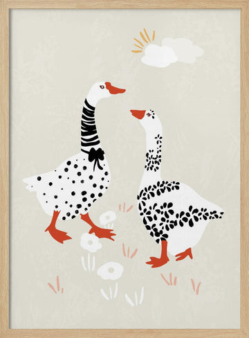 Charming Geese Stroll | Poster - Wood Frame Interior