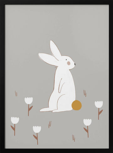 White Bunny Among Flowers | Poster - Black Metal Frame Interior