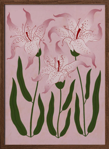 Botanical Pink Lilies | Poster - Walnut Frame Interior