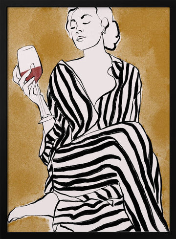 Striped Serenity With Wine | Poster - Black Metal Frame Interior