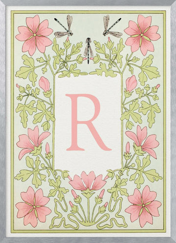 Pink Floral Letter R | Poster - Silver Frame Interior