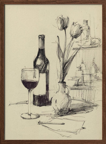 Wine and Tulips Sketch | Poster - Walnut Frame Interior