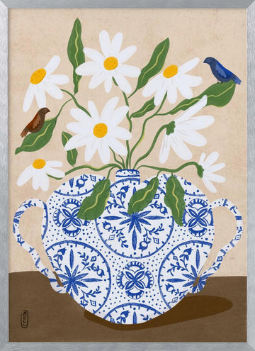 Daisies In Blue Teapot | Poster - Silver Frame Interior