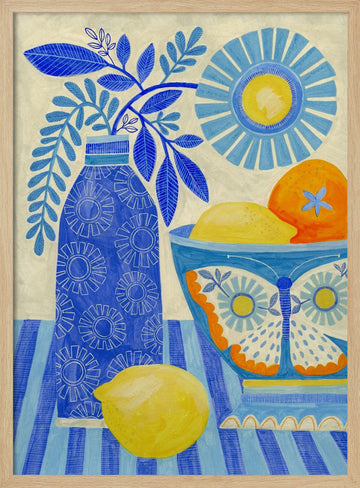 Blue Citrus Still Life | Poster - Wood Frame Interior