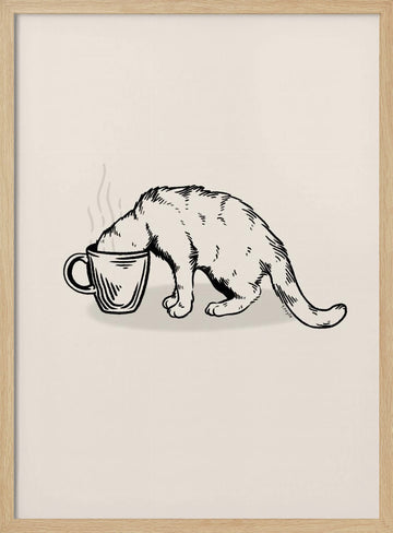 Cozy Coffee Cat | Poster - Wood Frame Interior