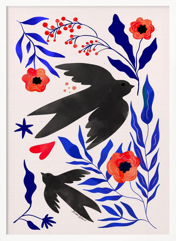 Black Swallows Blue Botanicals | Poster - White Frame Interior