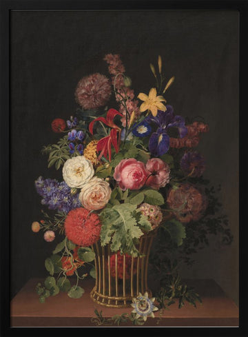 A Light Cane Basket With Flowers By C. D. Fritzsch | Poster - Black Metal Frame Interior