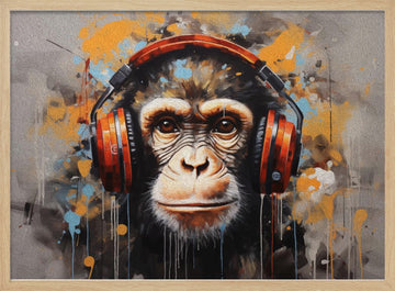 Chimpanzee with Headphones | Poster - Wood Frame Interior