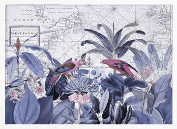 Pink Parrots Tropical Map | Poster - White Frame Interior