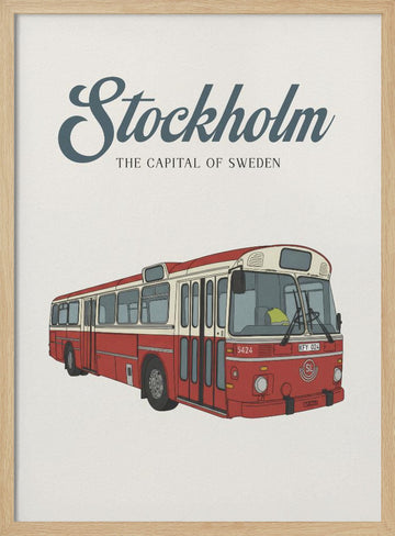 Classic Red Stockholm Bus | Poster - Wood Frame Interior