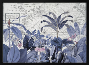 Blue Tropical Map | Poster - Black Metal Frame Interior