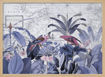 Pink Parrots Tropical Map | Poster - Wood Frame Interior