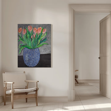 Vibrant Tulips In Blue Vase | Canvas - Room Interior 1