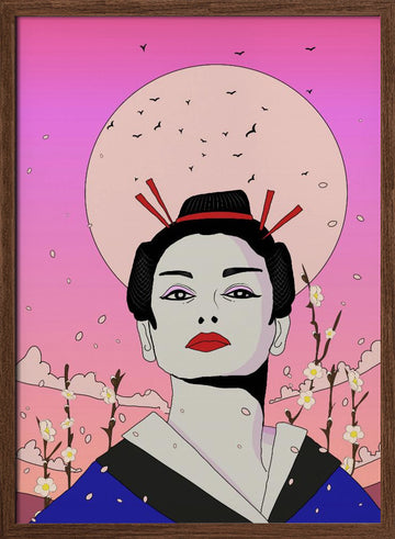 Serene Geisha Moon | Poster - Walnut Frame Interior