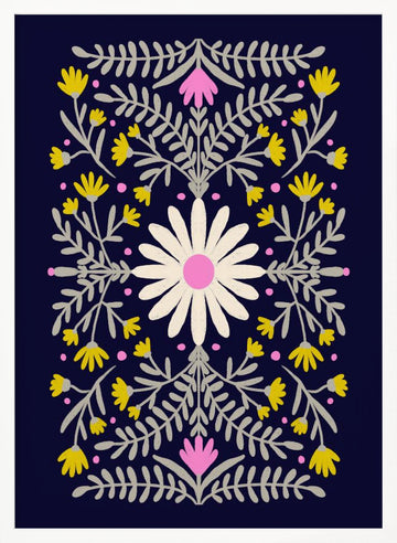Folk Art Daisy Pattern | Poster - White Frame Interior