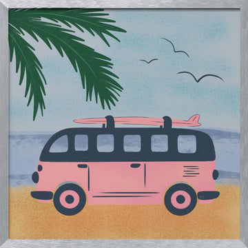 Pink Beach Camper | Poster - Silver Frame Interior