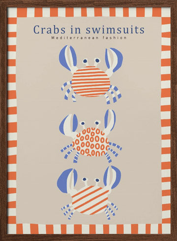 Cute Crabs In Swimsuits | Poster - Walnut Frame Interior