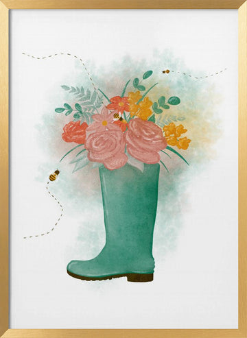 Whimsical Floral Boot | Poster - Gold Frame Interior