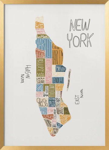 Colorful Manhattan Neighborhoods Map | Poster - Gold Frame Interior