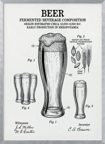 Beer Patent Drawing | Poster - Silver Frame Interior