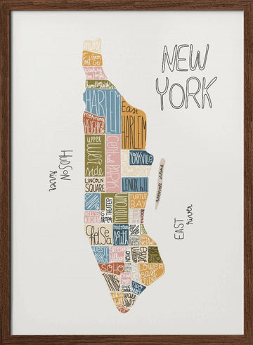 Colorful Manhattan Neighborhoods Map | Poster - Walnut Frame Interior