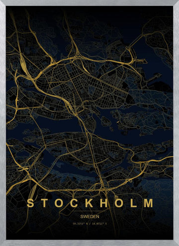 Golden Stockholm Map | Poster - Silver Frame Interior