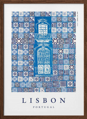 Lisbon Azulejo Balcony | Poster - Walnut Frame Interior