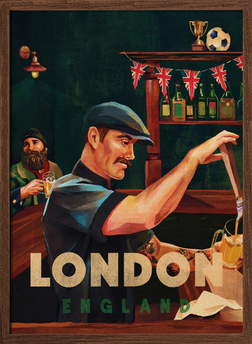 London England Pub Bartender | Poster - Walnut Frame Interior