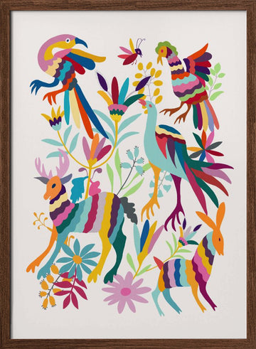 Colorful Folk Art Animals | Poster - Walnut Frame Interior
