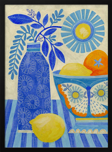 Blue Citrus Still Life | Poster - Black Metal Frame Interior