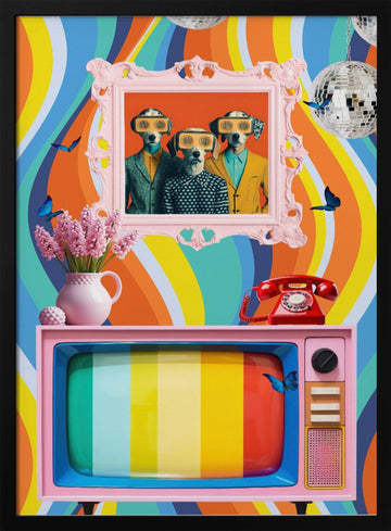 Colorful Retro Dog Scene | Poster - Black Metal Frame Interior