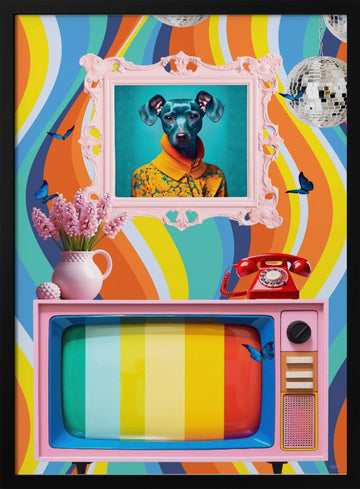 Groovy Dog Pink TV | Poster - Black Metal Frame Interior
