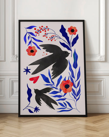 Black Swallows Blue Botanicals | Poster - Room Interior 1