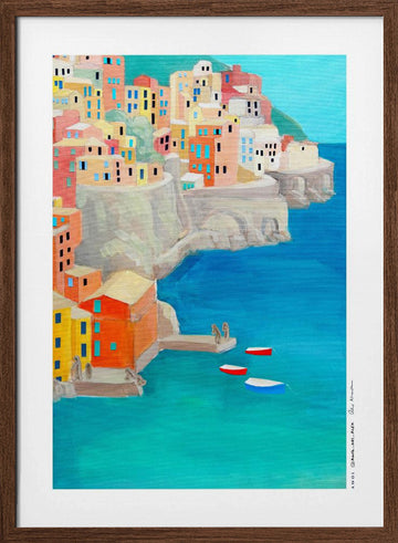 Colorful Coastal Village | Poster - Walnut Frame Interior