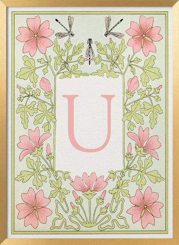 Pink Floral Letter U | Poster - Gold Frame Interior