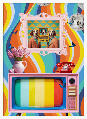 Colorful Retro Dog Scene | Poster - White Frame Interior