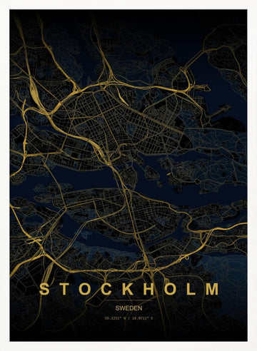 Golden Stockholm Map | Poster - White Frame Interior