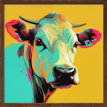 Vibrant Pop Art Cow | Poster - Walnut Frame Interior
