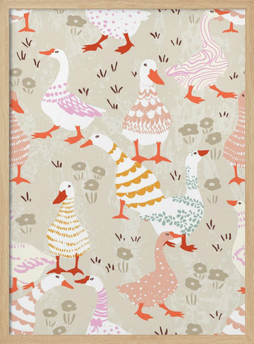 Playful Pastel Geese | Poster - Wood Frame Interior