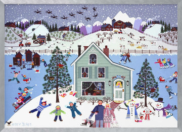 Joyful Winter Village Scene | Poster - Silver Frame Interior