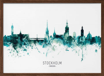 Stockholm Watercolor Skyline | Poster - Walnut Frame Interior