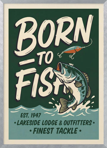 Retro Bass Fishing Sign | Poster - Silver Frame Interior